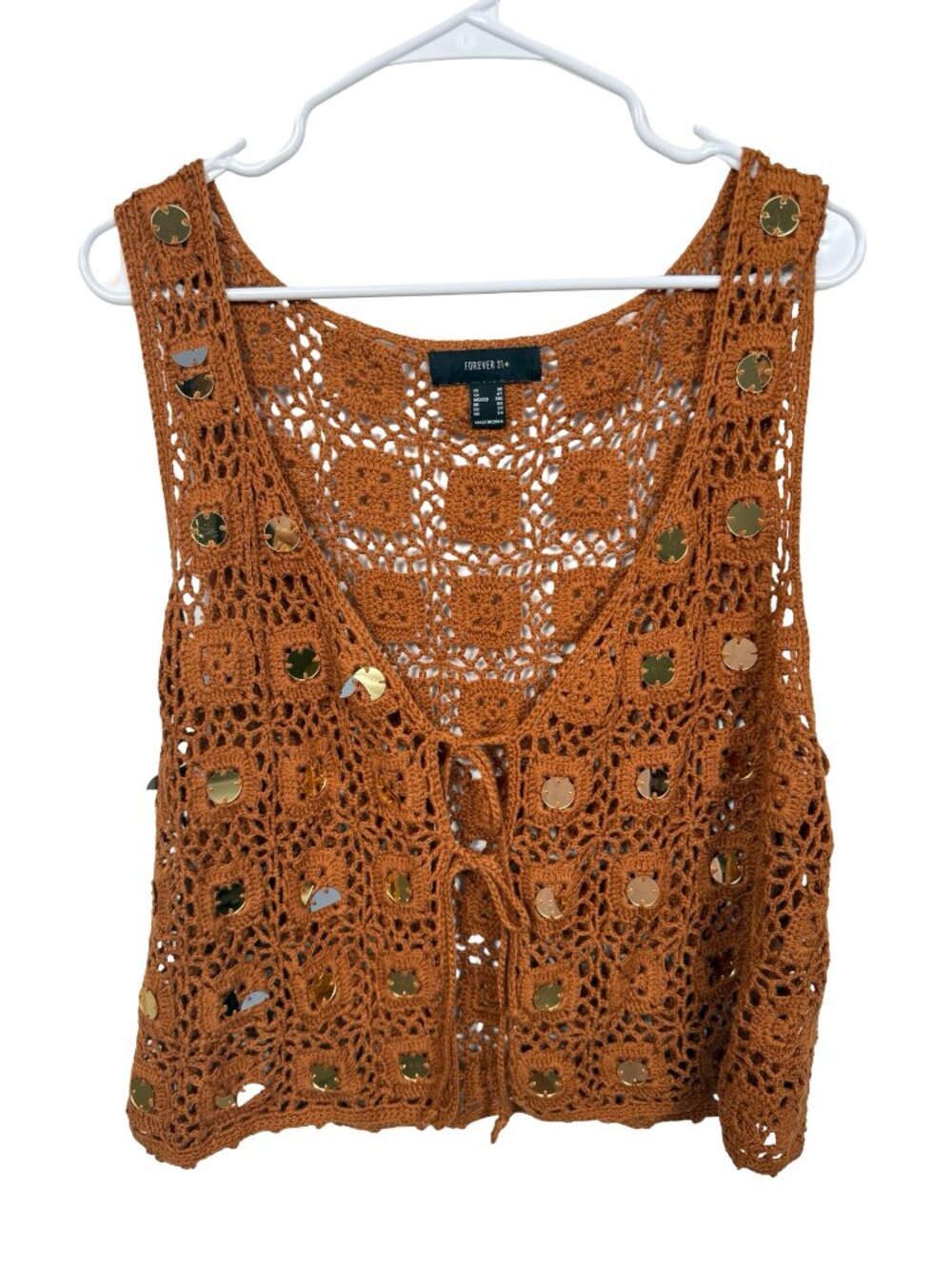 Forever 21 Crochet Knit Vest Top Tie Front Womens 3X Burnt Orange Festival Retro
